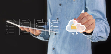 cloud computing shown in hand cloud technology data storage, data transfer, network and internet service concept, internet storage network technologyの写真素材