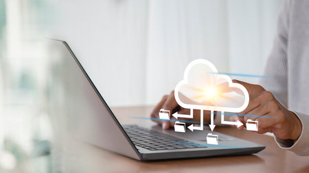 cloud computing shown in hand cloud technology data storage, data transfer, network and internet...