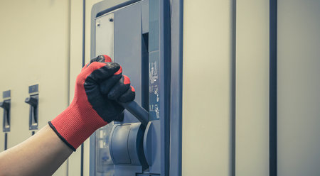 Electrical engineer tests the operation of the electric control cabinet on a regular basis for...