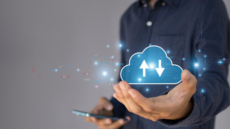 cloud computing shown in hand cloud technology data storage, data transfer, network and internet...