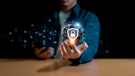 Lock icon and internet network security technology, cybersecurity and privacy concept to protect...