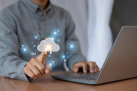 Cloud computer showing in hand, cloud technology storage data transfer internet storage network technologyの写真素材