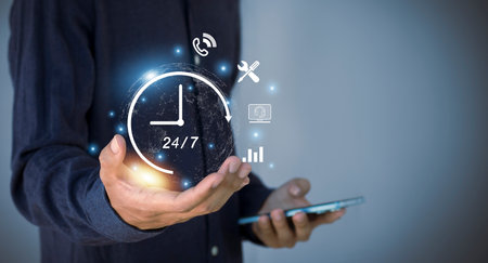 24/7 service, online store concept After-sales service in 24/7 online service with round the clock...