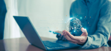 cloud computing shown in hand cloud technology data storage, data transfer, network and internet...
