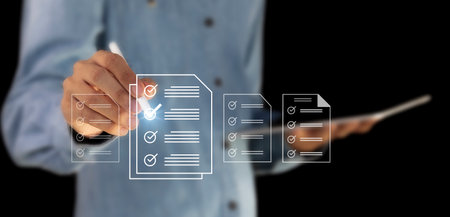 Businessman on blurred background using digital tablet with checklist interface 3D rendering
