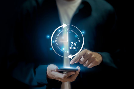 Businessman holds virtual 24/7 with clock in hand for non-stop and full-time global contacts....