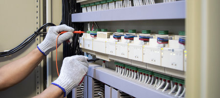 Electrician checking fuse box with tester. Electrical equipment. Selective focus.