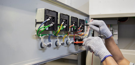 Electrician in protective gloves works on the installation of an electrical panel