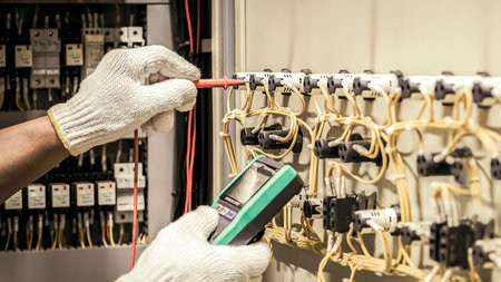 Electrical engineer tests the operation of the electric control cabinet on a regular basis for...