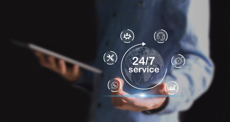 Businessman on blurred background using 24/7 service interface 3D renderingの写真素材