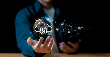 cloud computing shown in hand cloud technology data storage, data transfer, network and internet...