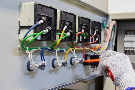 Electrical engineers use multimeters to check electrical installations and current flow in electrical control cabinets.の写真素材