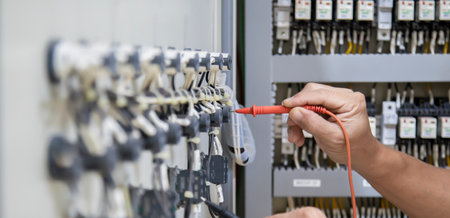 Electrical engineers use multimeters to check electrical installations and current flow in electrical control cabinets.の写真素材
