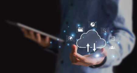 cloud computing shown in hand cloud technology data storage, data transfer, network and internet...
