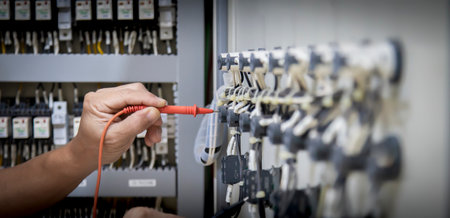 Electrical engineers use multimeters to check electrical installations and current flow in electrical control cabinets.の写真素材