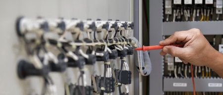 Electrical engineers use multimeters to check electrical installations and current flow in electrical control cabinets.の写真素材