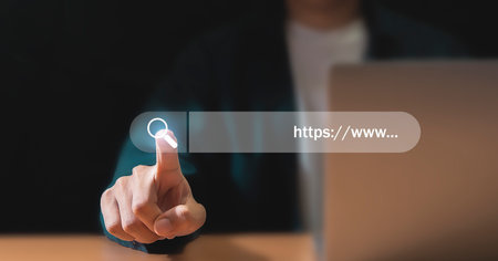 Man touching virtual search bar on screen. Internet and technology concept.の写真素材