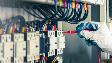 Electrical engineers use multimeter to check electrical installations in electrical control...