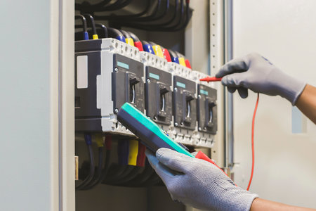 Electrical engineers use multimeter to check electrical installations in electrical control cabinets.の写真素材