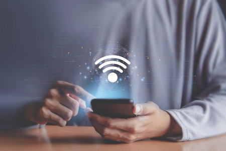 wifi internet symbol in hand wireless network with icons global communication concept