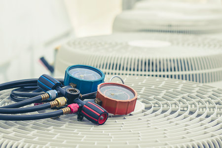 Air repair mechanic using measuring equipment for filling industrial factory air conditioners.の写真素材