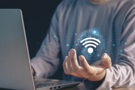wifi internet symbol in hand wireless network with icons global communication concept