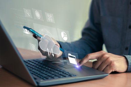 Cloud computing shown in hand Cloud technology, storage, data transfer, concept
Internet storage...
