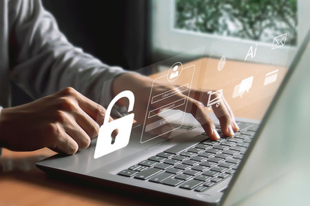 Cyber security, Data protection, information safety and encryption. internet technology and business concept.  Virtual screen with padlock icons.の写真素材