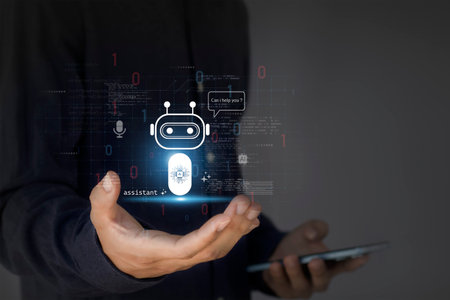 AI Assistant Concept Man Holding Holographic Chatbot