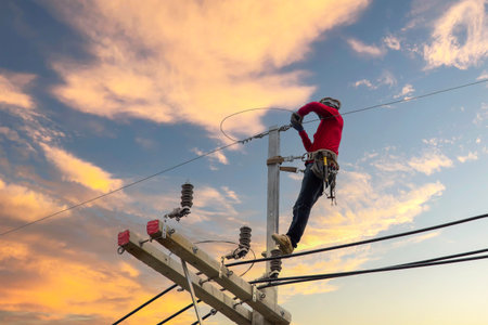 Electrician working on a high voltage power line at sunset, Thailand.