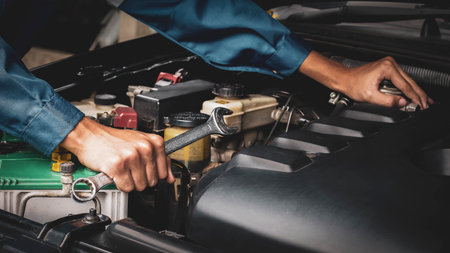Car mechanic working on car engine, car maintenance concept.