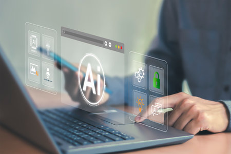 Man using laptop with virtual icons of AI, artificial intelligence, data analytics,learning and...