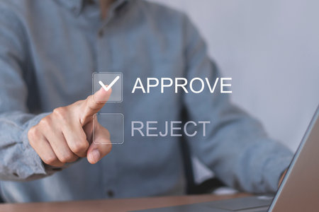 Approve Reject Button on virtual screen. Business and technology concept.の写真素材