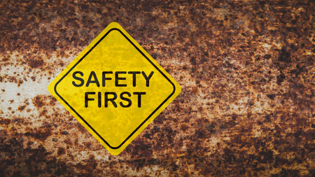 Safety first yellow sign on rusty metal background with copy space for textの写真素材