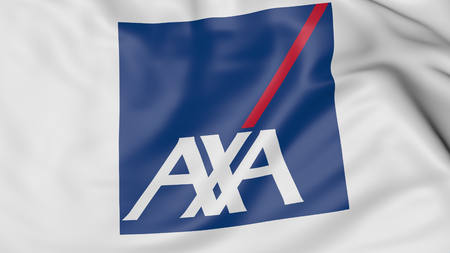 Close up of waving flag with AXA logo, United Statesのeditorial素材