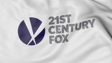 Close up of waving flag with Twenty-First Century Fox logo, United Statesのeditorial素材
