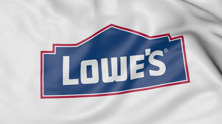 Close up of waving flag with Lowe's logo, United States