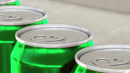 Soda, soft drink or beer production line. Green aluminum cans on industrial conveyor. Recycling ecologic packagingの写真素材