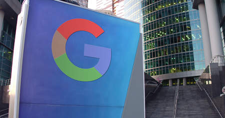 Street signage board with Google logo. Modern office center skyscraper and stairs background. Editorial 3D rendering United Statesのeditorial素材