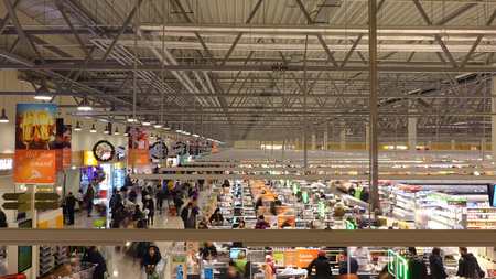 MOSCOW, RUSSIA - DECEMBER, 25, 2016. High angle long exposure shot of supermarket checkoutsのeditorial素材