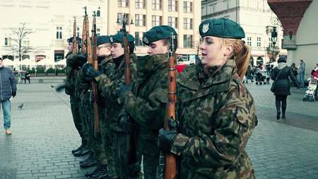 KRAKOW, POLAND - JANUARY, 14, 2017 Polish male and female cadets at WOSP paradeのeditorial素材