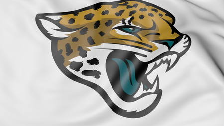 Close-up of waving flag with Jacksonville Jaguars NFL American football team logo, 3D renderingのeditorial素材