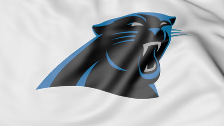 Close-up of waving flag with Carolina Panthers NFL American football team logo, 3D renderingのeditorial素材