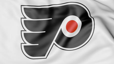 Close-up of waving flag with Philadelphia Flyers NHL hockey team logo, 3D renderingのeditorial素材