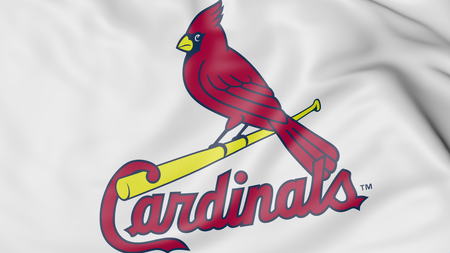 Close-up of waving flag with St. Louis Cardinals MLB baseball team logo, 3D renderingのeditorial素材