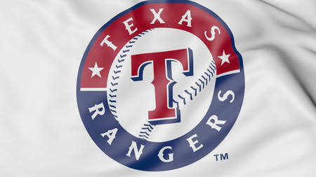 Close-up of waving flag with Texas Rangers MLB baseball team logo, 3D renderingのeditorial素材