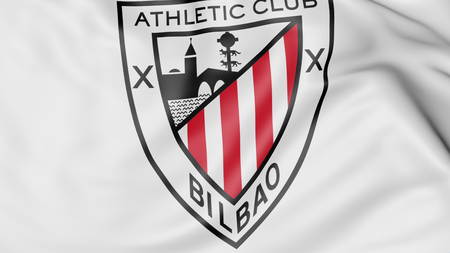 Close-up of waving flag with Athletic Bilbao football club logo, 3D renderingのeditorial素材
