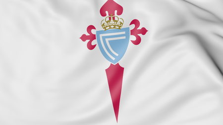 Close-up of waving flag with Celta Vigo football club logo, 3D renderingのeditorial素材