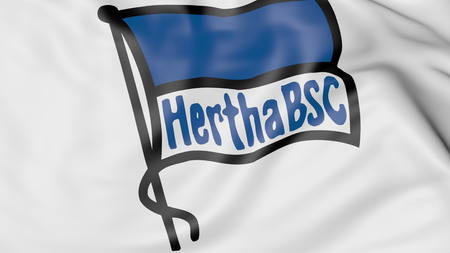 Close-up of waving flag with Hertha BSC football club logo, 3D renderingのeditorial素材