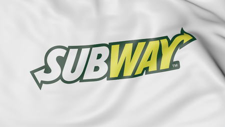 Close-up of waving flag with Subway logo, editorial 3D renderingのeditorial素材